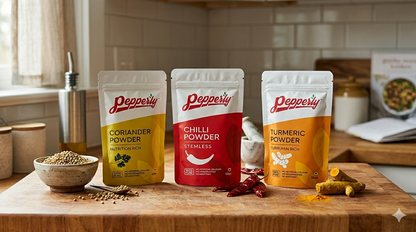 Pepperly spice powders on a kitchen counter