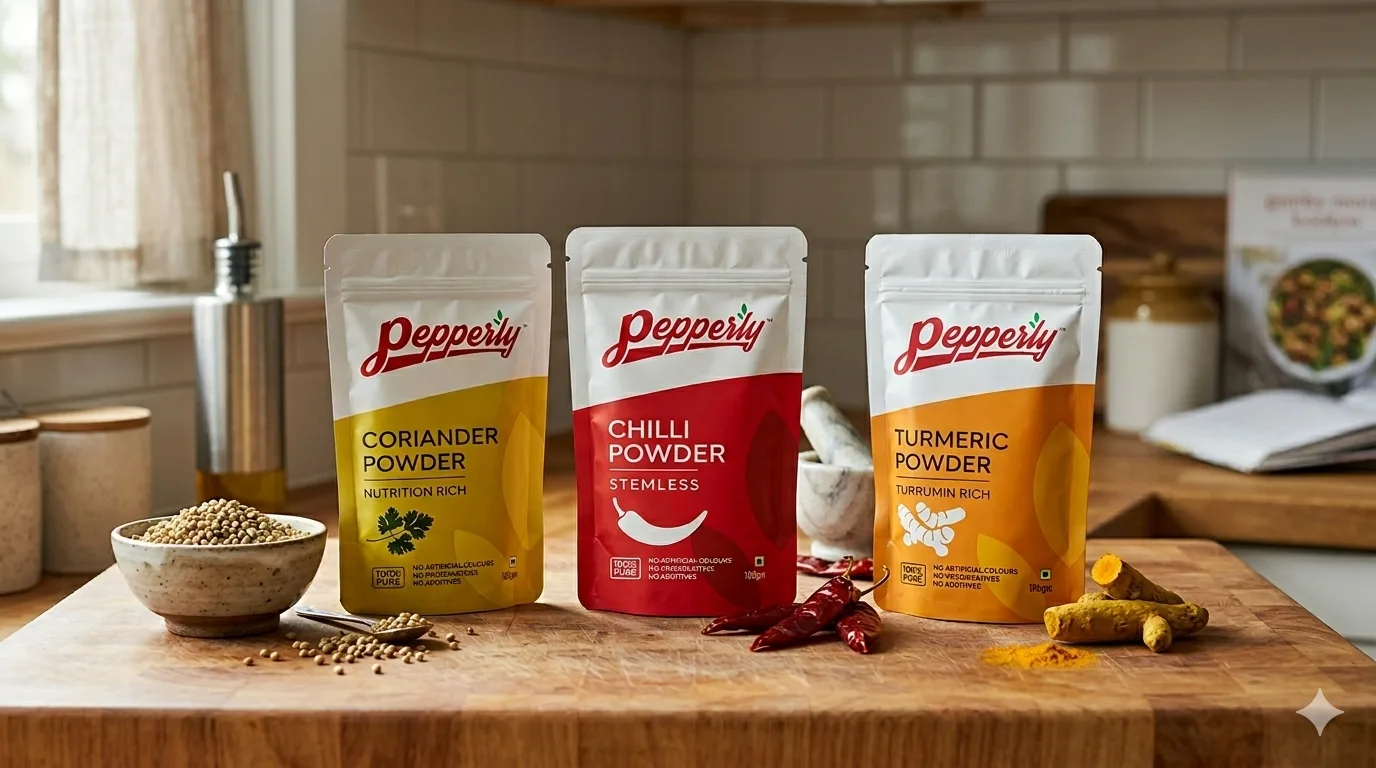 Pepperly spice powders on a kitchen counter